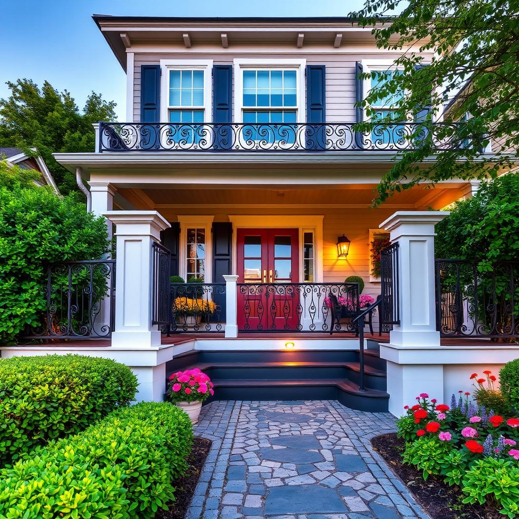 A beautifully designed front of a house featuring a charming entrance with elegant railings