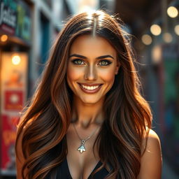 A stunning portrait of a woman named Sandra, with long flowing brunette hair and sparkling green eyes