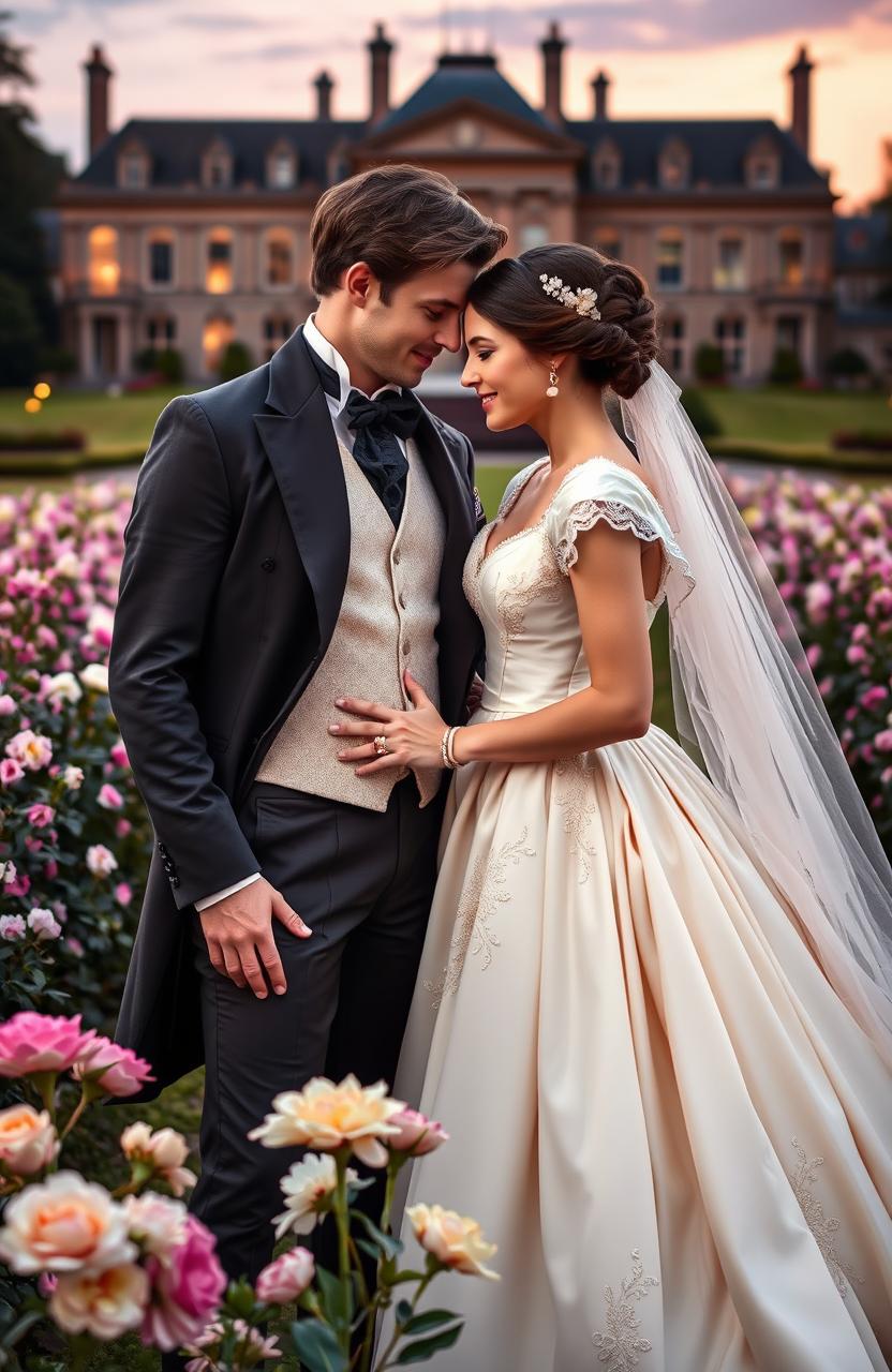 A romantic and elegant portrait of the Duke and Duchess of Pemberley, set in a lush garden filled with blooming flowers