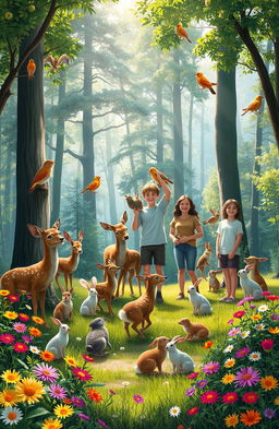A vibrant and enchanting scene depicting a group of various animals such as deer, rabbits, and birds, happily interacting with their human friends in a lush, beautiful forest