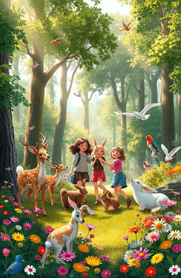 A vibrant and enchanting scene depicting a group of various animals such as deer, rabbits, and birds, happily interacting with their human friends in a lush, beautiful forest