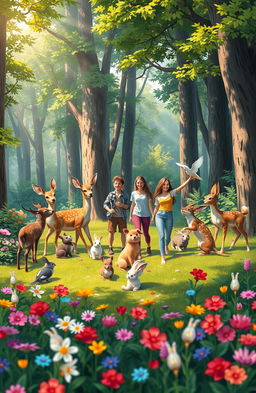 A vibrant and enchanting scene depicting a group of various animals such as deer, rabbits, and birds, happily interacting with their human friends in a lush, beautiful forest