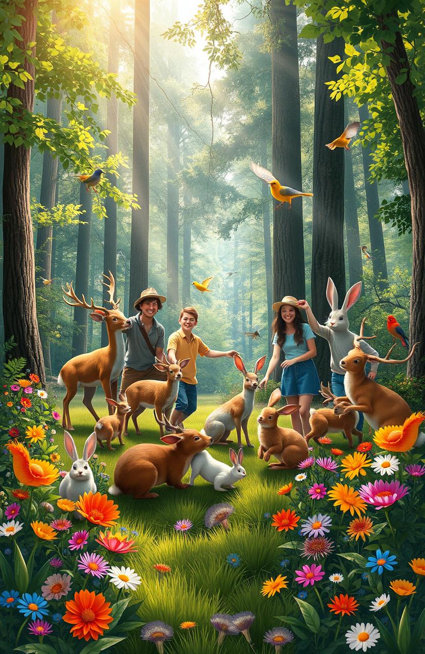 A vibrant and enchanting scene depicting a group of various animals such as deer, rabbits, and birds, happily interacting with their human friends in a lush, beautiful forest