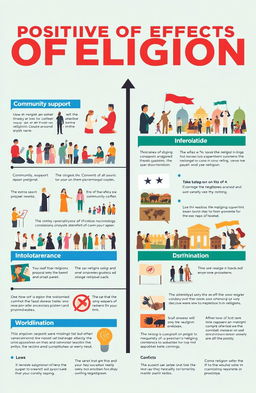 A balanced infographic detailing the positive and negative effects of religion