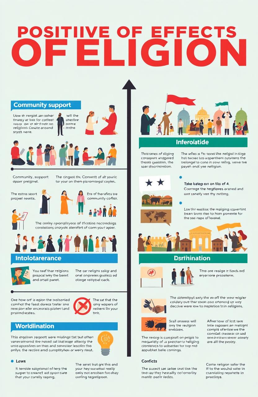 A balanced infographic detailing the positive and negative effects of religion