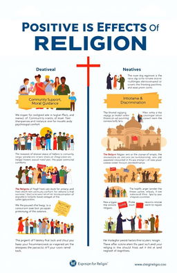 A balanced infographic detailing the positive and negative effects of religion