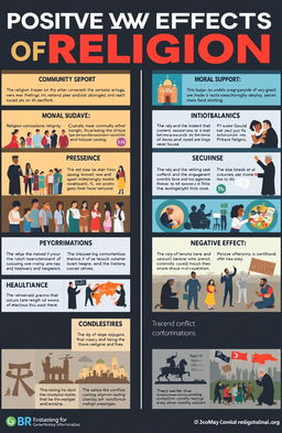 A balanced infographic detailing the positive and negative effects of religion
