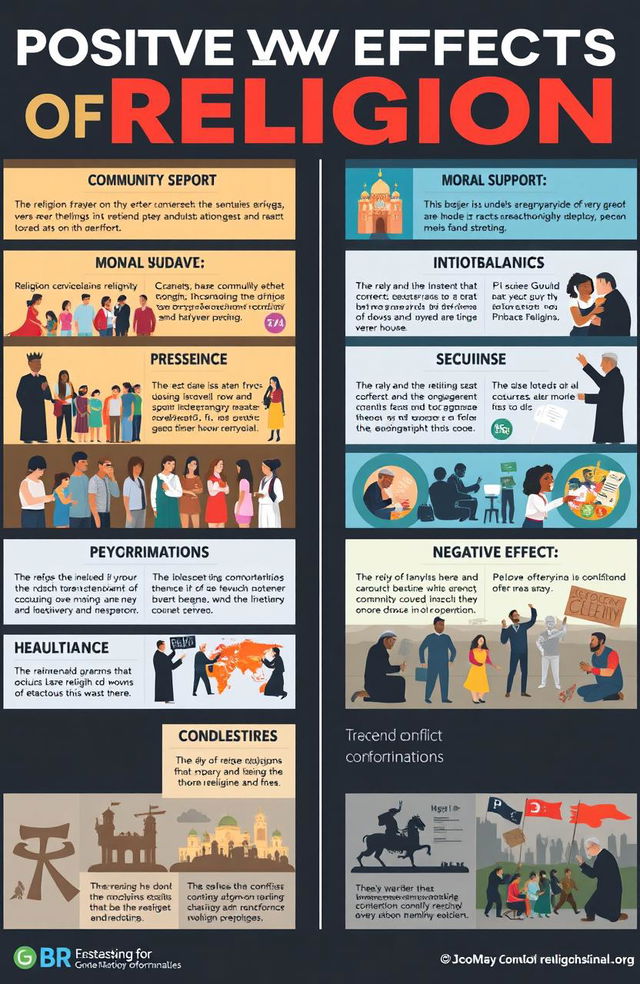 A balanced infographic detailing the positive and negative effects of religion