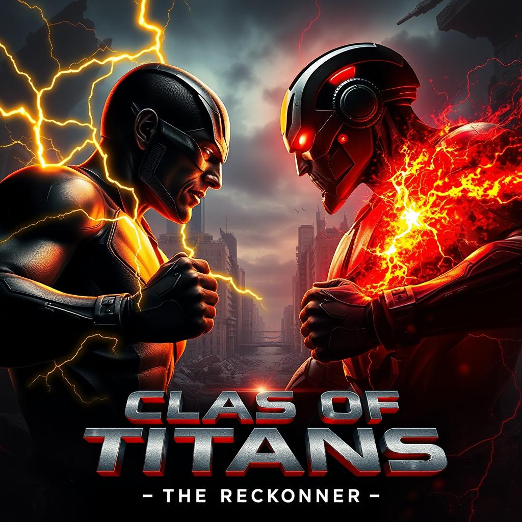 A full body poster concept showcasing an intense battle between Justin Blaze, a black superhero, and a Cyborg, who is a half human, half android