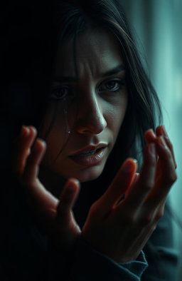 A dramatic scene capturing an emotional moment as a person, tears streaming down their face, is depicted in a candid moment of vulnerability