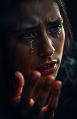 A dramatic scene capturing an emotional moment as a person, tears streaming down their face, is depicted in a candid moment of vulnerability