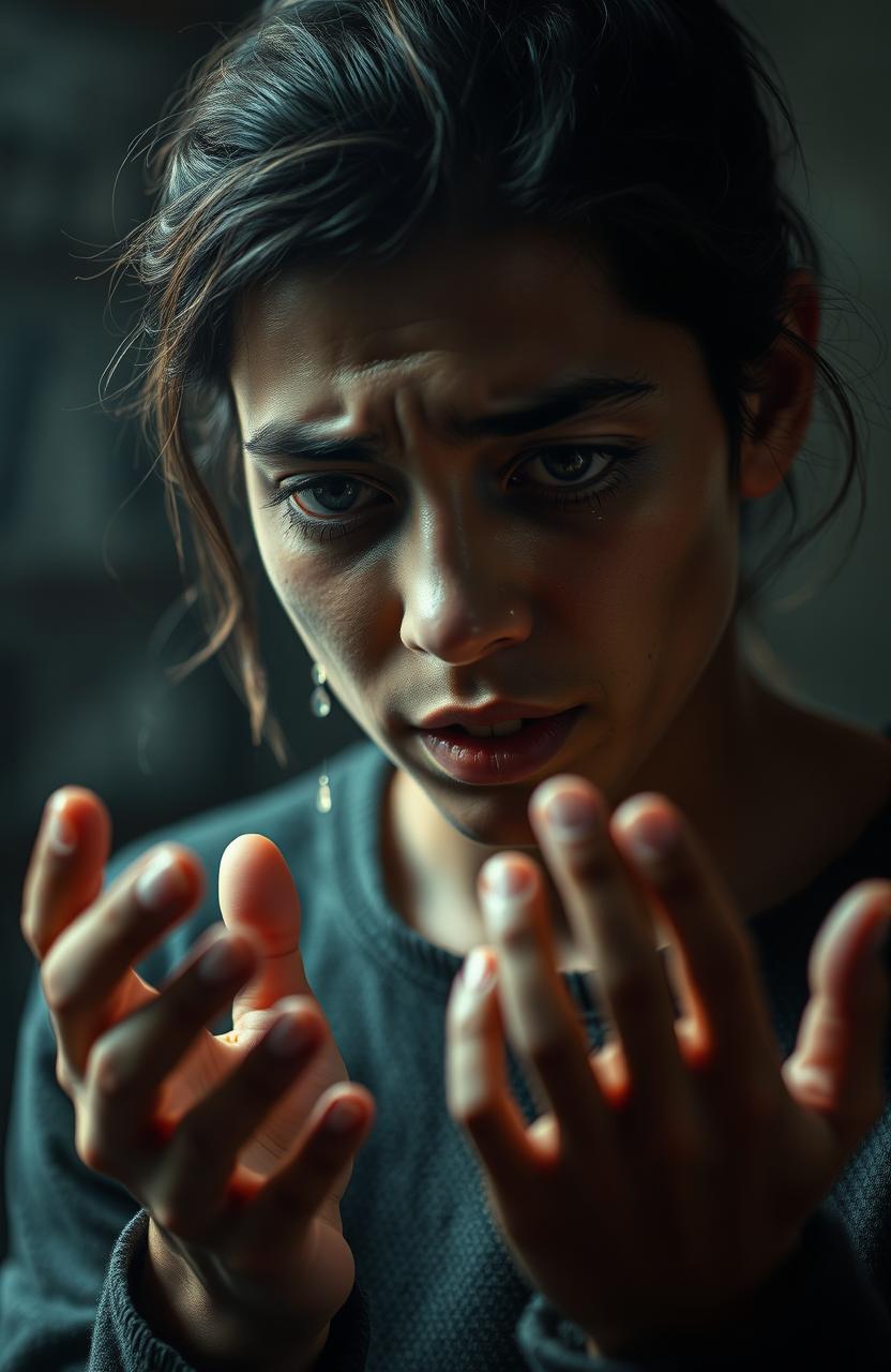 A dramatic scene capturing an emotional moment as a person, tears streaming down their face, is depicted in a candid moment of vulnerability