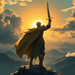 A heroic figure standing triumphantly on a mountaintop, wind billowing through their cape, looking out over a breathtaking landscape