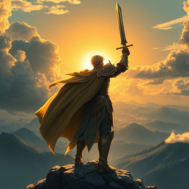 A heroic figure standing triumphantly on a mountaintop, wind billowing through their cape, looking out over a breathtaking landscape