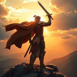 A heroic figure standing triumphantly on a mountaintop, wind billowing through their cape, looking out over a breathtaking landscape
