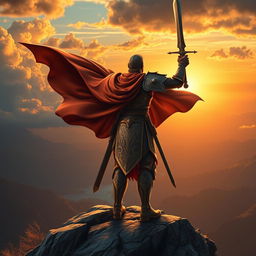 A heroic figure standing triumphantly on a mountaintop, wind billowing through their cape, looking out over a breathtaking landscape