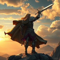 A heroic figure standing triumphantly on a mountaintop, wind billowing through their cape, looking out over a breathtaking landscape