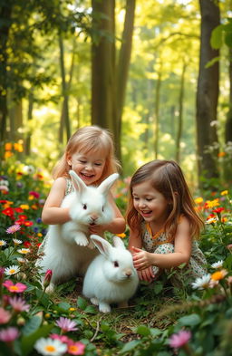 Two children happily interacting with a fluffy rabbit in a lush, vibrant forest filled with colorful flowers, tall green trees, and soft sunlight filtering through the leaves
