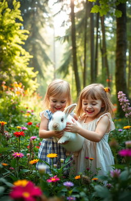 Two children happily interacting with a fluffy rabbit in a lush, vibrant forest filled with colorful flowers, tall green trees, and soft sunlight filtering through the leaves