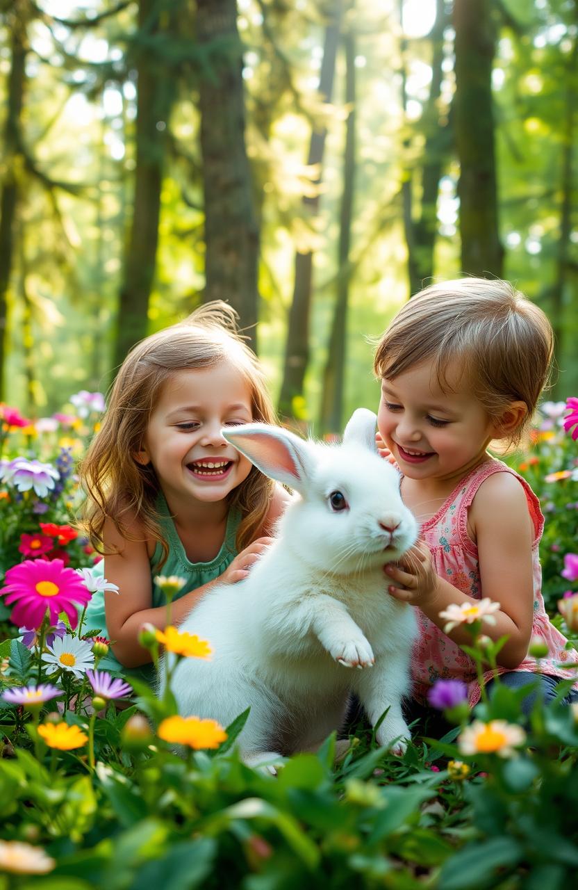Two children happily interacting with a fluffy rabbit in a lush, vibrant forest filled with colorful flowers, tall green trees, and soft sunlight filtering through the leaves