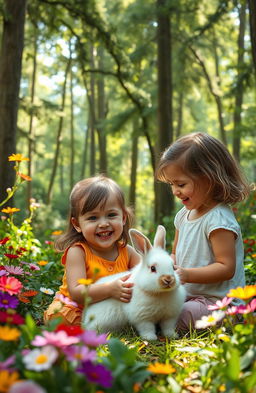 Two children happily interacting with a fluffy rabbit in a lush, vibrant forest filled with colorful flowers, tall green trees, and soft sunlight filtering through the leaves
