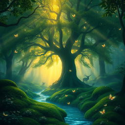 A serene and ethereal scene of a mystical forest at twilight, where soft rays of golden sunlight filter through the lush green canopy