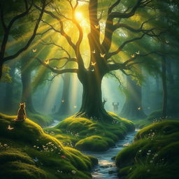 A serene and ethereal scene of a mystical forest at twilight, where soft rays of golden sunlight filter through the lush green canopy