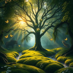 A serene and ethereal scene of a mystical forest at twilight, where soft rays of golden sunlight filter through the lush green canopy