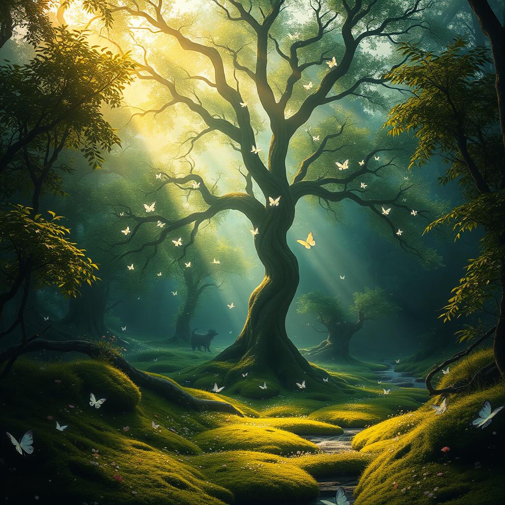 A serene and ethereal scene of a mystical forest at twilight, where soft rays of golden sunlight filter through the lush green canopy