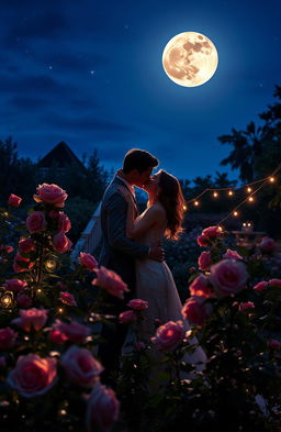 A romantic scene of a couple passionately kissing under the full moon in a beautiful English garden