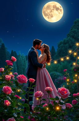 A romantic scene of a couple passionately kissing under the full moon in a beautiful English garden
