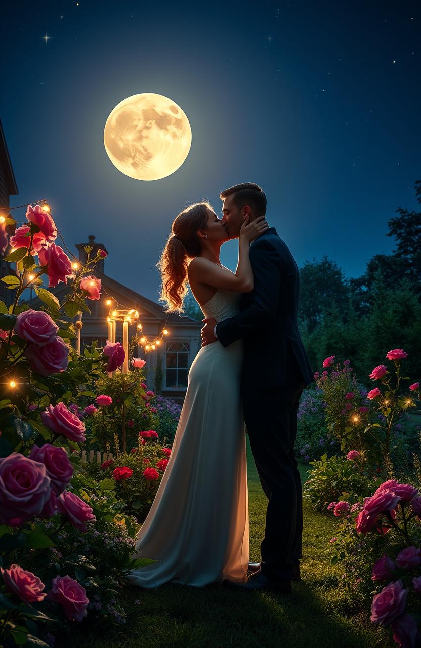 A romantic scene of a couple passionately kissing under the full moon in a beautiful English garden