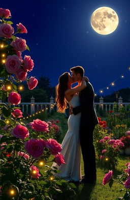 A romantic scene of a couple passionately kissing under the full moon in a beautiful English garden
