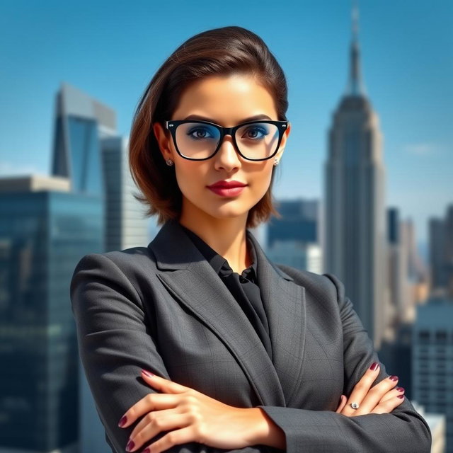 A stylish woman wearing fashionable glasses, embodying a capitalist theme
