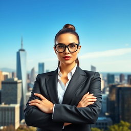 A stylish woman wearing fashionable glasses, embodying a capitalist theme
