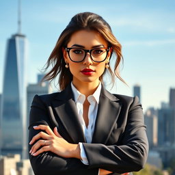 A stylish woman wearing fashionable glasses, embodying a capitalist theme
