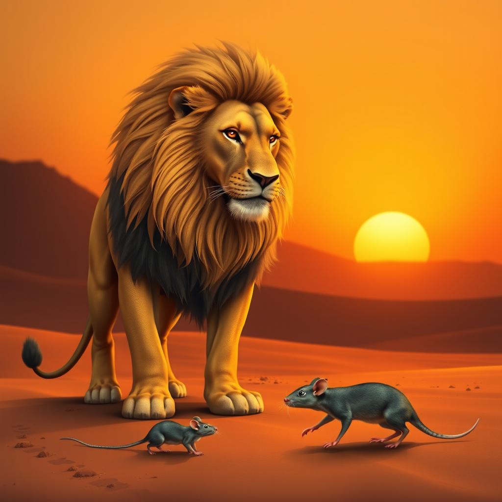A powerful lion representing strong Iran, majestic and fierce with a flowing mane, standing in a regal pose amidst a desert landscape