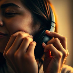 A close-up of a person's hands gently removing headphones from their ears