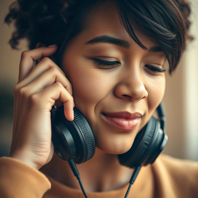 A close-up of a person's hands gently removing headphones from their ears