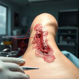 An artistic representation of a wound being stitched, focusing on the intricate details of the stitches visible on the skin