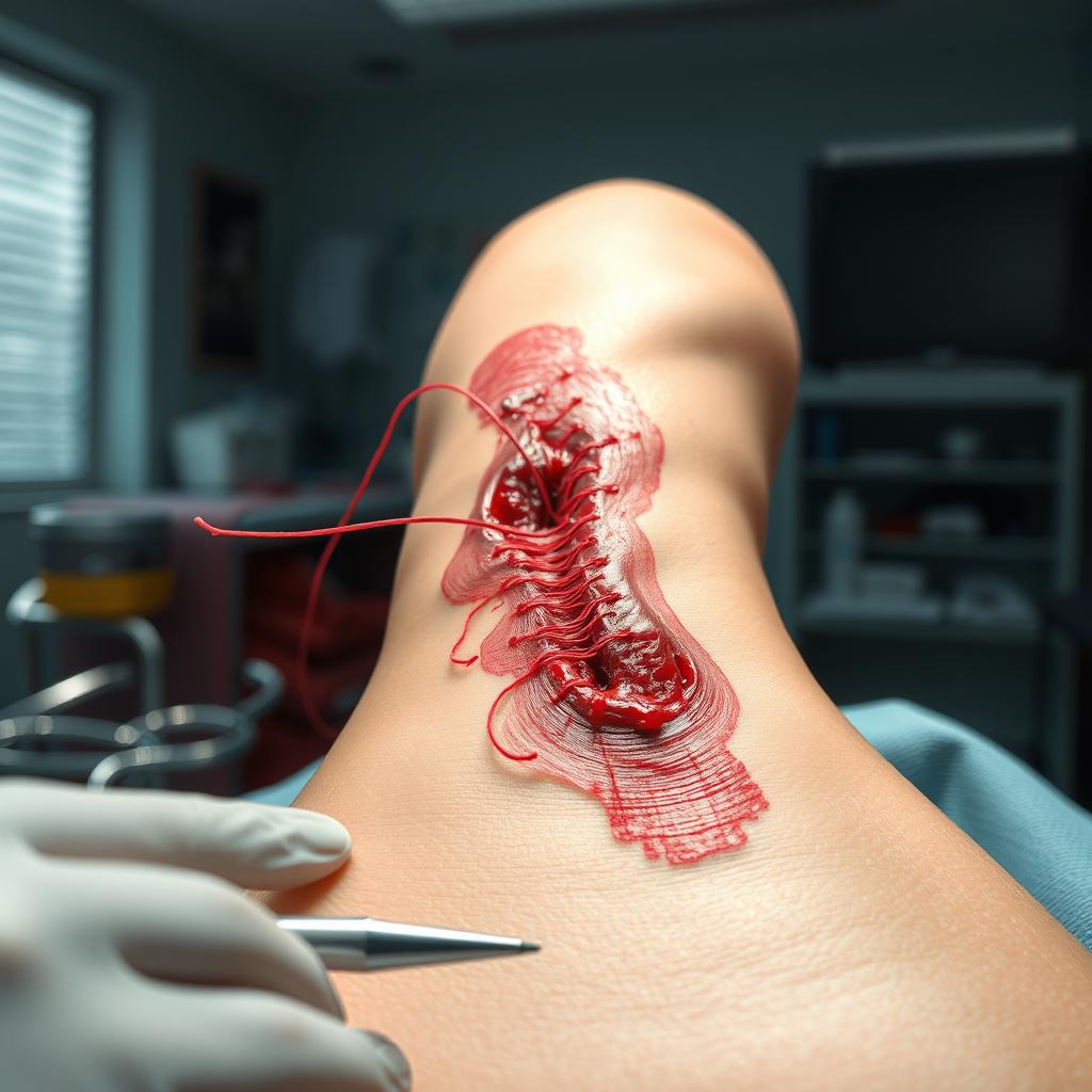 An artistic representation of a wound being stitched, focusing on the intricate details of the stitches visible on the skin