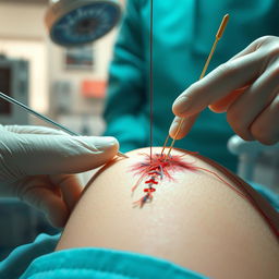 An artistic representation of a wound being stitched, focusing on the intricate details of the stitches visible on the skin