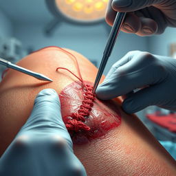 An artistic representation of a wound being stitched, focusing on the intricate details of the stitches visible on the skin