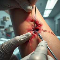 An artistic representation of a wound being stitched, focusing on the intricate details of the stitches visible on the skin
