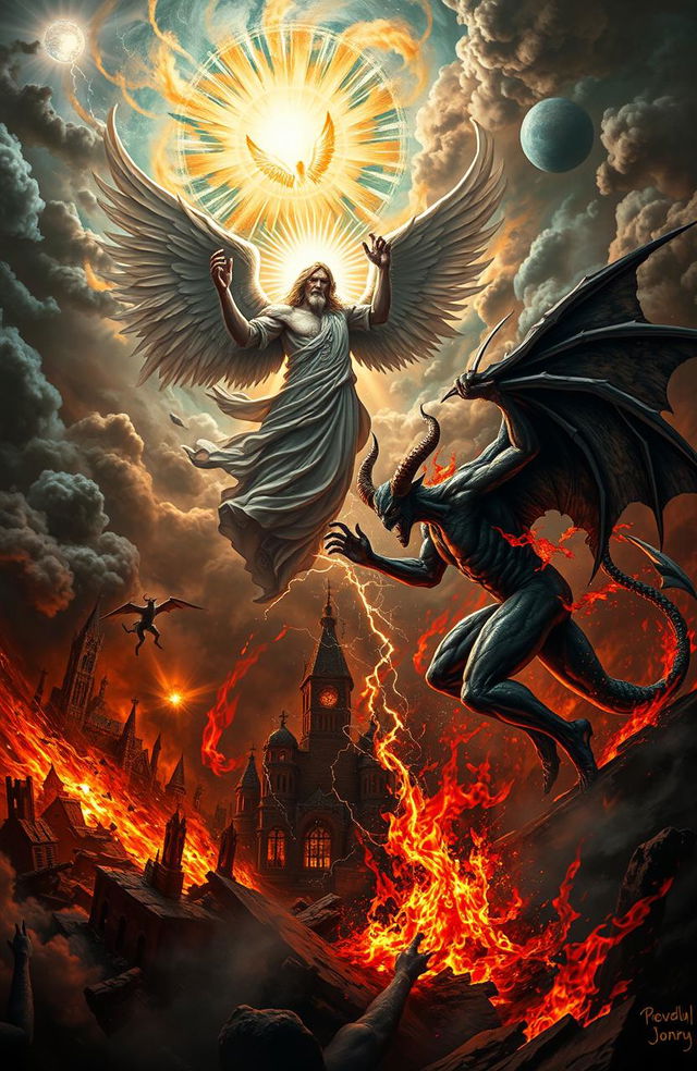 A dramatic and intense scene depicting a celestial battle between God and the Devil during an apocalyptic event