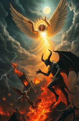 A dramatic and intense scene depicting a celestial battle between God and the Devil during an apocalyptic event