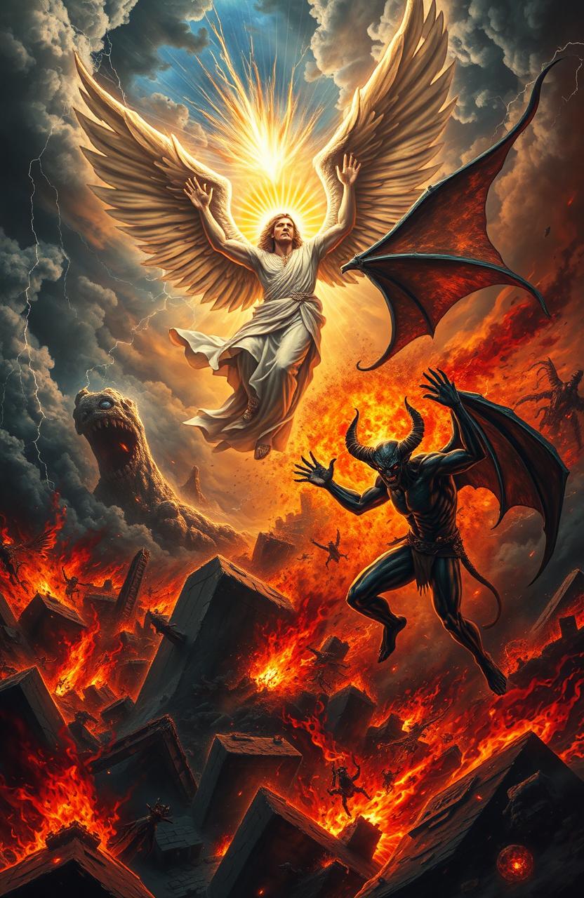 A dramatic and intense scene depicting a celestial battle between God and the Devil during an apocalyptic event