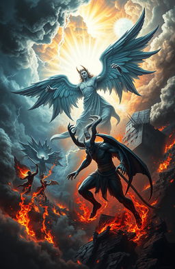 A dramatic and intense scene depicting a celestial battle between God and the Devil during an apocalyptic event