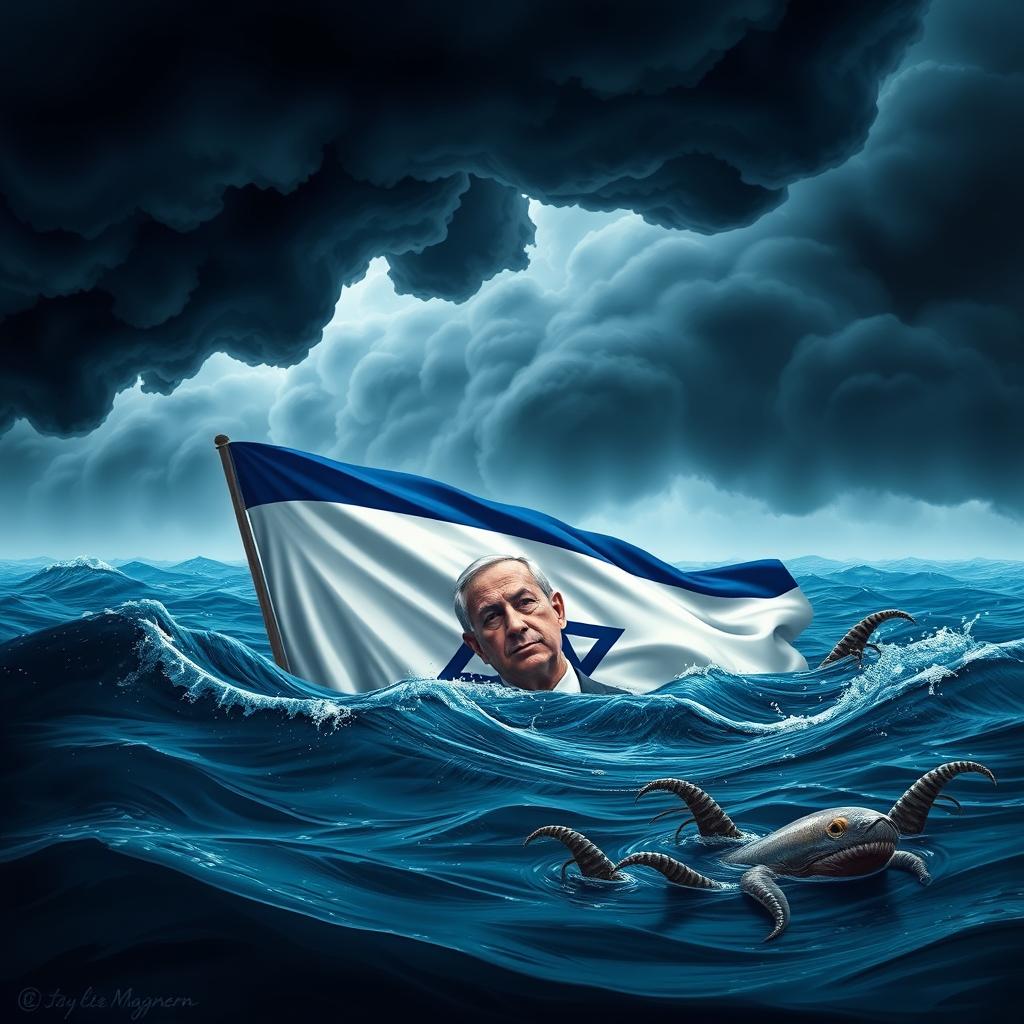 A dramatic and intense scene depicting a metaphorical representation of Netanyahu and Israel sinking into deep waters