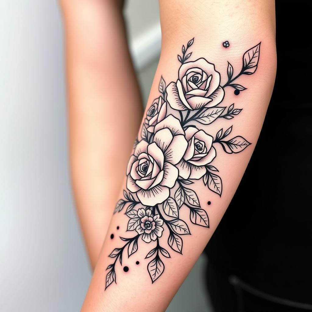 A stylized tattoo design featuring intricate floral elements, including roses and vines intertwined with geometric patterns